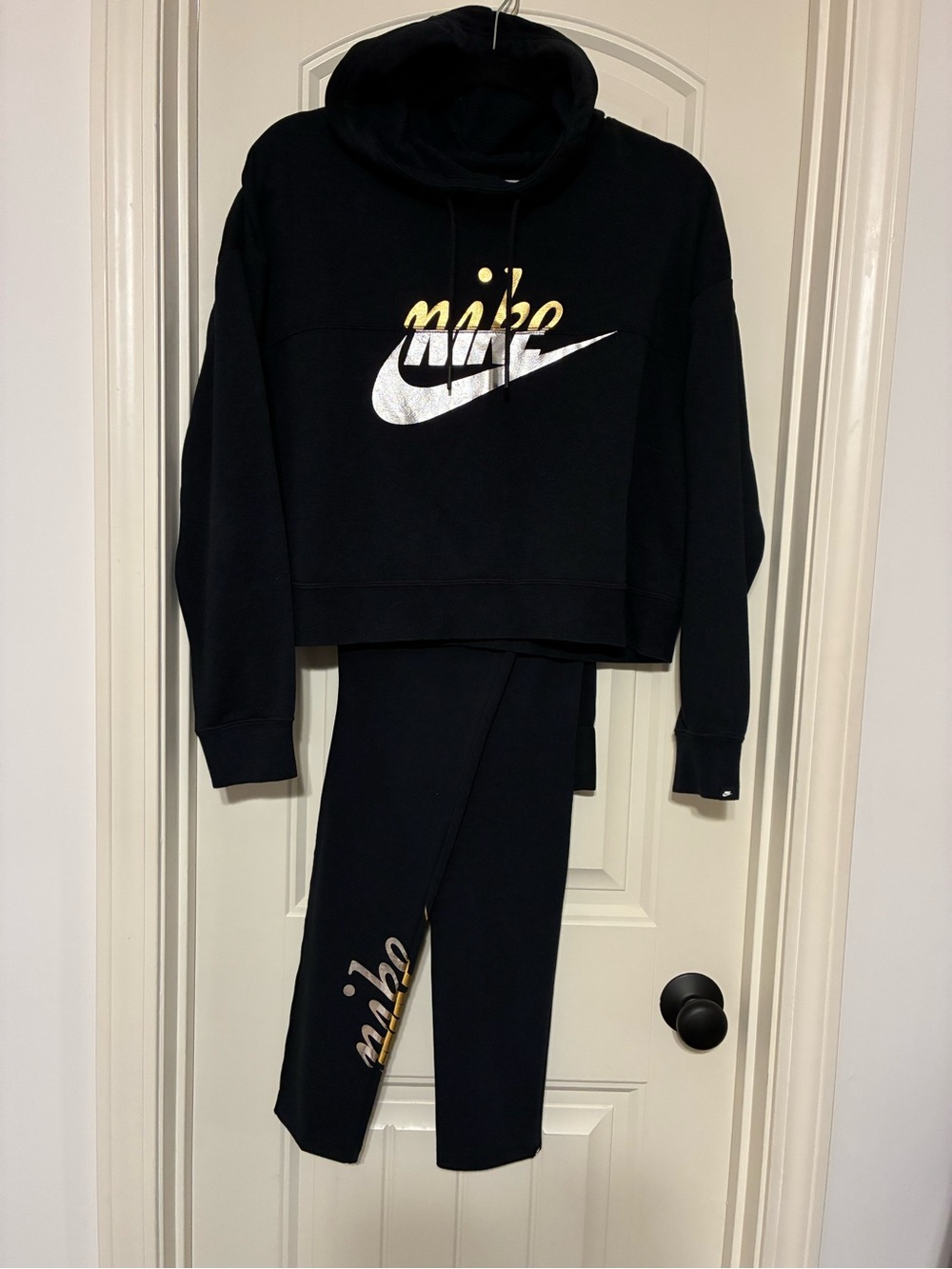Nike Black Hoodie & Leggings set with Metallic Silver and Gold Logo